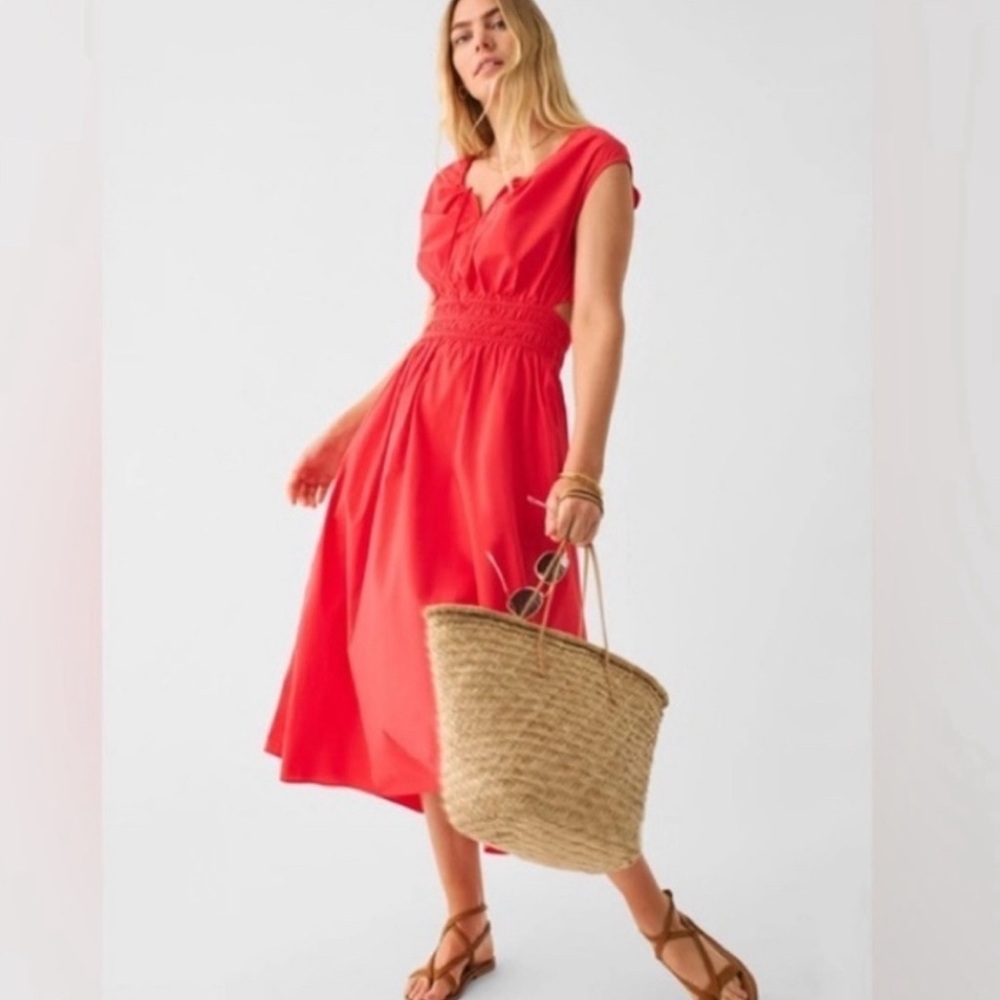 Faherty Red Ruffled Organic cotton midi almafi Sundress
